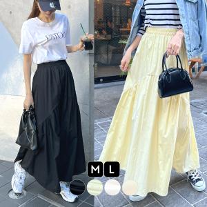 スカート ロングスカート ギャザー デザインスカート マキシスカート イエロー ティアード 裏地付き M L 上品 カジュアル / ギャザーデザインロングスカート