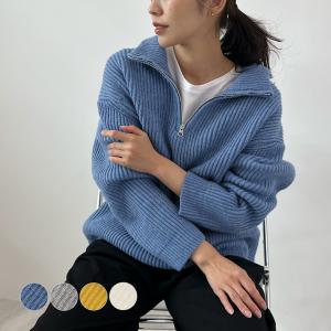ニット ジップ ハーフジップ トップス 立体感 弾力 首元2way ハイネック 上品 きれいめ 大人可愛い カジュアル  / ハーフジップニットプルオーバー