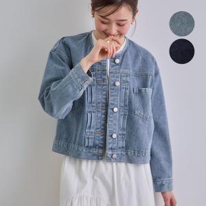 デニム ジャケット ノーカラー アウター ショート丈 クロップド丈 レディース  カジュアル オフィス きれいめ 通勤 / ノーカラーデニムジャケット