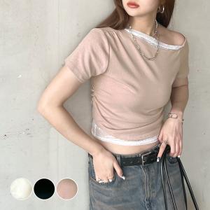 Tシャツ 半袖 オフショル レース 綿混 レイヤード  大人可愛い フェミニン カジュアル 韓国ファッション オフィスカジュアル / レイヤード風オフショルTシャツ