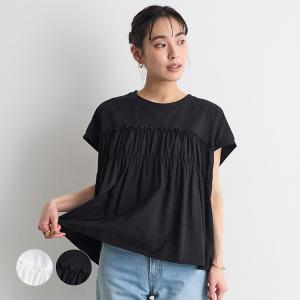 トップス ドッキング Tシャツ 異素材 フリル デザインT 大人可愛い  上品 カジュアル  オフィスカジュアル / フリル切り替えトップス