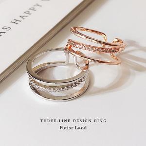 リング 指輪 アクセサリー 3連 重ねづけ 3本 アシンメトリー ストーン シンプル 華奢 韓国 ファッション  スリーラインデザインリング