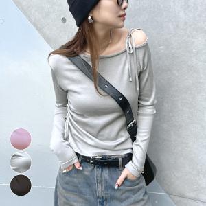 トップス オフショル リボン ギャザー トップス 細見え 首元スッキリ 上品 カジュアル 韓国ファッション /ワンオフショルギャザーリボンニットトップス
