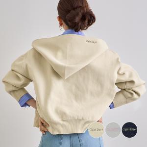 ニット ショート丈 短丈 フード パーカー ニットパーカー ZIP レディース  カジュアル 韓国ファッション / フード刺繍ニットパーカー