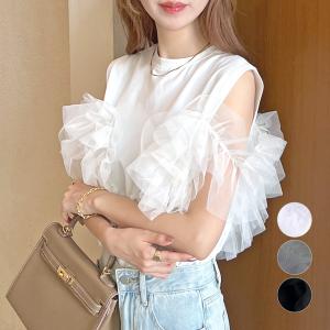 トップス カットソー ノースリーブ チュール ドッキング レディース 夏 カジュアル ゆったりサイズ ラフ シンプル  / 3wayチュールドッキングプルオーバー