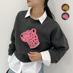 スウェット 相良刺繍 ショート丈 裏起毛 トップス レオパード ヒョウ レディース  カジュアル 韓国ファッション / レオパード相良ショート丈スウェットトップス