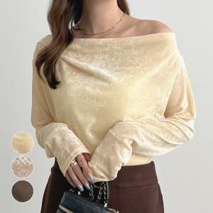 フロッキー シアー 長袖  華奢見え 伸縮性 ドレープ ワイドネック ベロア フォーマル  カジュアル オフィスカジュアル / フロッキーメッシュドレープロンT