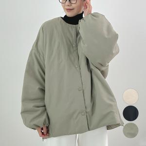 中綿ジャケット 中綿アウター ノーカラー サイドジップ ZIP ボタン 羽織 長袖 アウター 大人可愛い カジュアル / サイドジップノーカラー中綿ジャケット