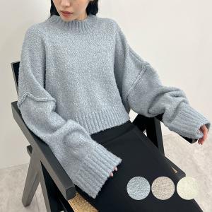 ニット ショート丈 短丈 ワイドスリーブ ブークレニット ドロップショルダー  レディース  カジュアル 韓国ファッション / ワイドスリーブブークレニット