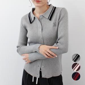 ニット カーディガン 襟 リブニット ステッチ ライン 配色 刺繍 ロゴ ワンポイント 伸縮性 フィット カジュアル 韓国 / 【ABYS】ワンポイントロゴ刺繍リブニット