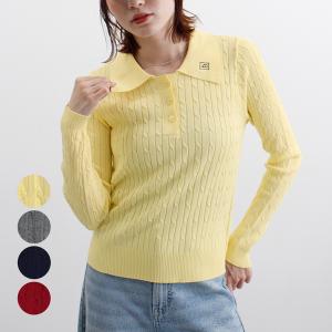 ボタン ニット 襟付き 襟 ロゴ 刺繍 ポロ 細見え トップス カジュアル 韓国ファッション / ロゴ刺繍ケーブルポロニット
