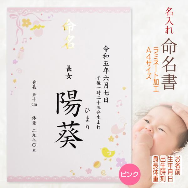 命名書 女の子用 お名前＋生年月日＋出生時刻＋身長体重 命名紙 名入れ オーダー お祝い 記念 出産...