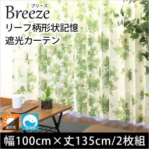遮光カーテン 幅100cm×丈178cm 2枚組 リーフ柄 形状記憶 既製ドレープ