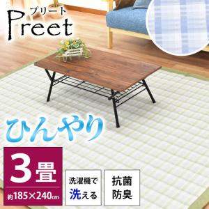 ひんやり涼感ラグ 3畳 185×240cm 夏 夏用 チェック柄 抗菌 防臭 洗える接触冷感ラグ カーペット プリート