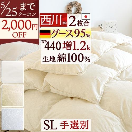 羽毛布団 2枚合わせ シングル 西川 ドイツ産ホワイトグースダウン95% 増量 合い掛け0.8kg ...