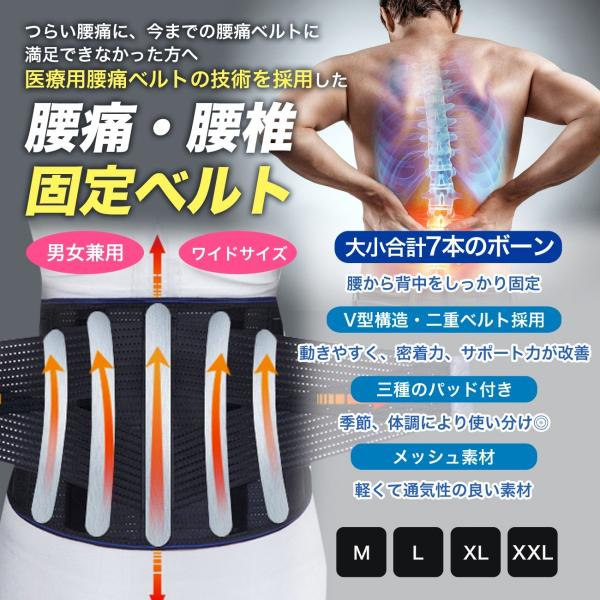 腰痛ベルト コルセット 3種のパット付き サポーター 腰用 サポートベルト 医療用技術採用  補正ベ...