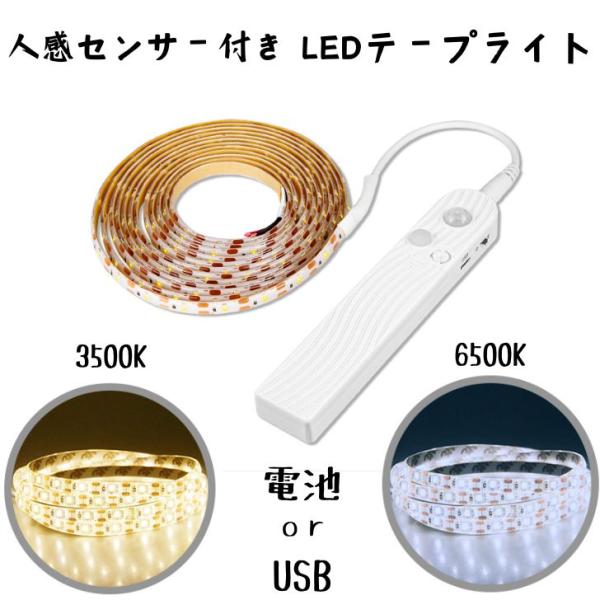 LED テープライト 人感センサー センサーライト シール テープ ライト 電池 USB 人感 セン...