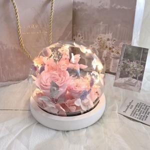 プリザーブドフラワー LEDライト付き バラ  花 可愛い ユニコーン ガラスドーム ベース ブリザードフラワー ロマンティ