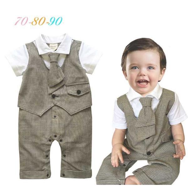 子供服 ツインタイ グレンチェック ロンパース ベビー フォーマル 男の子 ネクタイ 70cm 80...