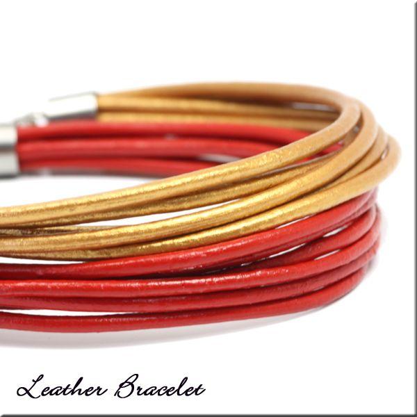 決算セール 本革レザーブレスレット2本セットゴールドレッド S M L ユニセックス レディース メ...