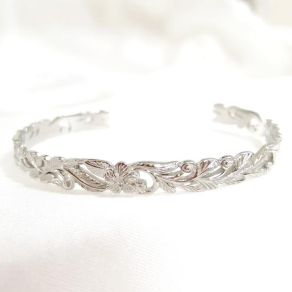 ハワイアンジュエリー ステンレス素材 スクロールカット バングル 花言葉 魅力 レディース 太め H...