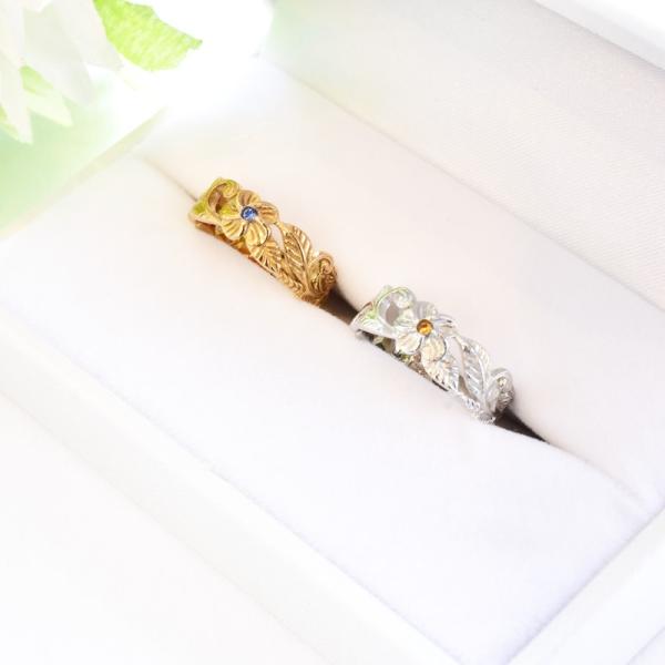 誕生石 ペアリング 純白リング指輪 ケース付 透かし彫 カービングハワイアン マリッジ ステンレス ...