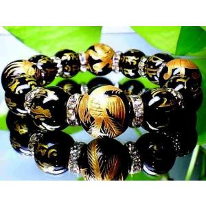 天然石 数珠ブレスレット 七種梵字黒瑪瑙高級オニキス14ミリオラオラ