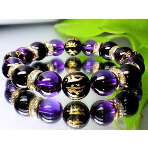 天然石 数珠ブレスレット 12ミリ 七種 梵字 黒瑪瑙・紫水晶アメジスト・オニキス パワーストーン ...