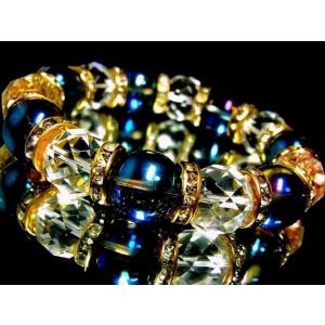 天然石 数珠ブレスレット ダイヤカット64面カット水晶 ブルーオーラ14ミリ金ロンデル プレゼント