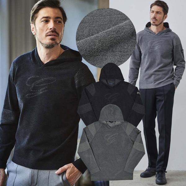 4/11迄P+5% ジーステージ パーカー メンズ ニット軽量 ソフト モールストレッチ プルオーバ...