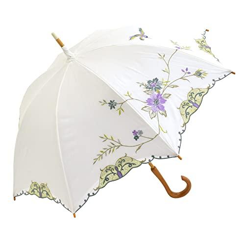 [シノワズリーモダン]日傘 長日傘 純白 完全遮光 晴雨兼用 遮熱 UVカット かわず張り (花鳥)