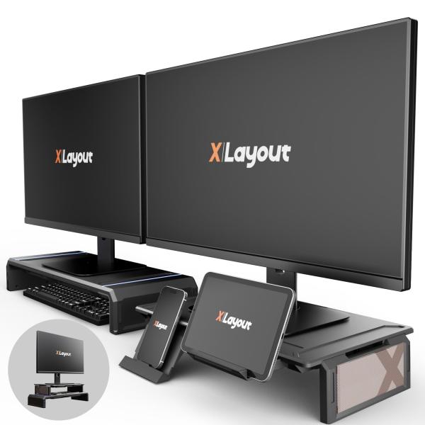 Xlayout デュアル モニタースタンド 折りたたみ USB3.0ハブ TypeC充電ポート 2段...