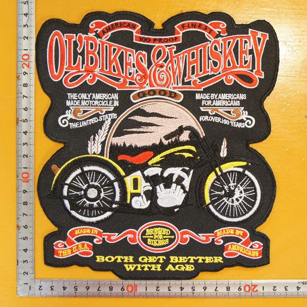 大きいワッペン アップリケ パッチ【バイカー＆ウイスキー】旧車 リジットフレーム パンヘッド ナック...