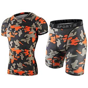 Sillictor コンプレッション ウェア 上下 セット メンズ 半袖 シャツ ＋ 五分丈 パンツ  迷彩 オレンジ 3318+3319or-2XL