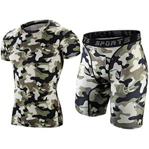 sillictgn コンプレッション ウェア 上下 セット メンズ 半袖 シャツ ＋ 五分丈 パンツ  迷彩 オレンジ 3318+3319gn-M