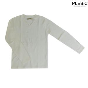 Plesic 【SALE】プルシック リンクスストレッチシャドウボーダー　Vネックロングスリーブカットソー　Off White｜gaku-shop