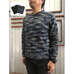 Hub＆Spoke ハブアンドスポークUSW 【SALE】ジャガード　Ｖネックロングカットソー　ブルー　グリーン｜gaku-shop