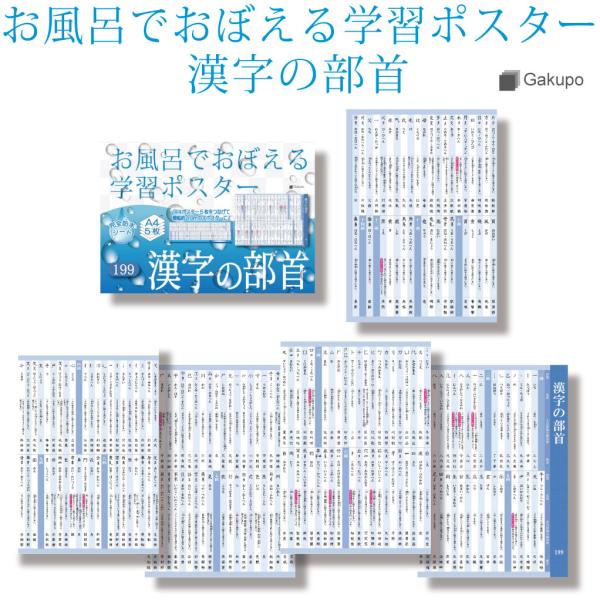Gakupo お風呂でおぼえる学習ポスター 漢字の部首 199  A4ポスター5枚セット