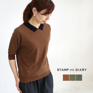 クールコットン見せかけ衿プルオーバー ニット 五分袖 スタンプアンド