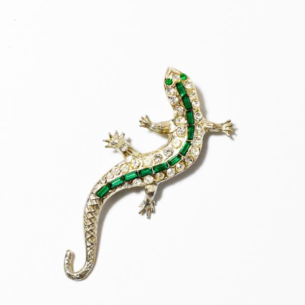 Vintage 1940&apos;s  rhinestone  lizard　motif silvermet...