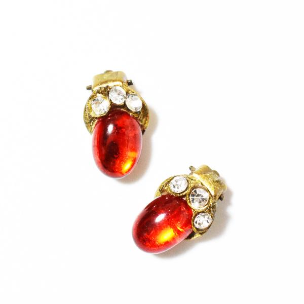Vintage 　1930′s 　clear×red rhinestone×glass  goldm...