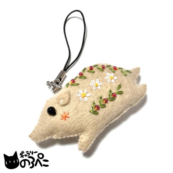 花咲くイノシシのストラップ(花を手刺繍したイノシシのフェルトマスコットキーホルダー) D4029-7...