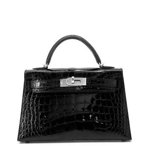 エルメス ミニケリー2 外縫い ブラック/シルバー金具 アリゲーターシャイン K刻印 HERMES ２wayショルダー 黒