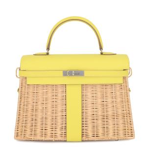エルメス ハンドバッグ ケリー35 ピクニック ライム/ナチュラル/シルバー金具 スイフト/柳 U刻印 HERMES 2wayバッグ 【安心保証】