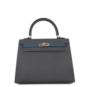 エルメス ケリー25 外縫い トリコロール アルドワーズ/ブラック/ブルーイドラ/シルバー金具 エプソン K刻印 ２wayショルダー 黒