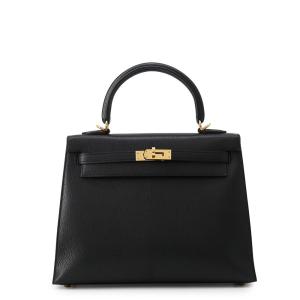 エルメス ハンドバッグ ケリー25 外縫い ブラック/ゴールド金具 シェブルミゾル W刻印 HERMES Kelly 2wayバッグ 黒 中古