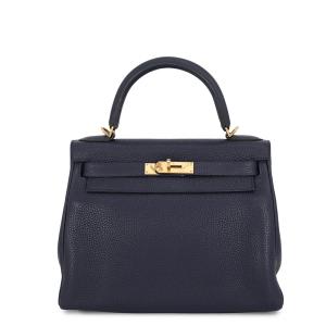 エルメス ハンドバッグ ケリー28 内縫い ブルーニュイ/ゴールド金具 トリヨンクレマンス X刻印 HERMES Kelly 2wayショルダー 中古