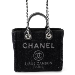 シャネル トートバッグ ドーヴィルライン ミニ ロゴ ラメツイード/レザー A86374 CHANEL バッグ 黒 中古