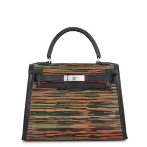 エルメス ケリー28 外縫い ブラック/オレンジ/グリーン/シルバー金具 ヴィブラート/ガリバー □C刻印 HERMES Kelly 2wayバッグ 中古