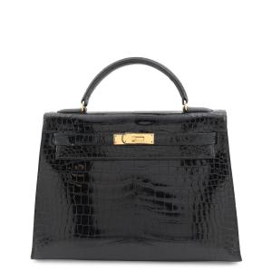 エルメス ハンドバッグ ケリー32 外縫い ブラック/ゴールド金具 ポロサスシャイン ○T刻印 HERMES 黒 中古